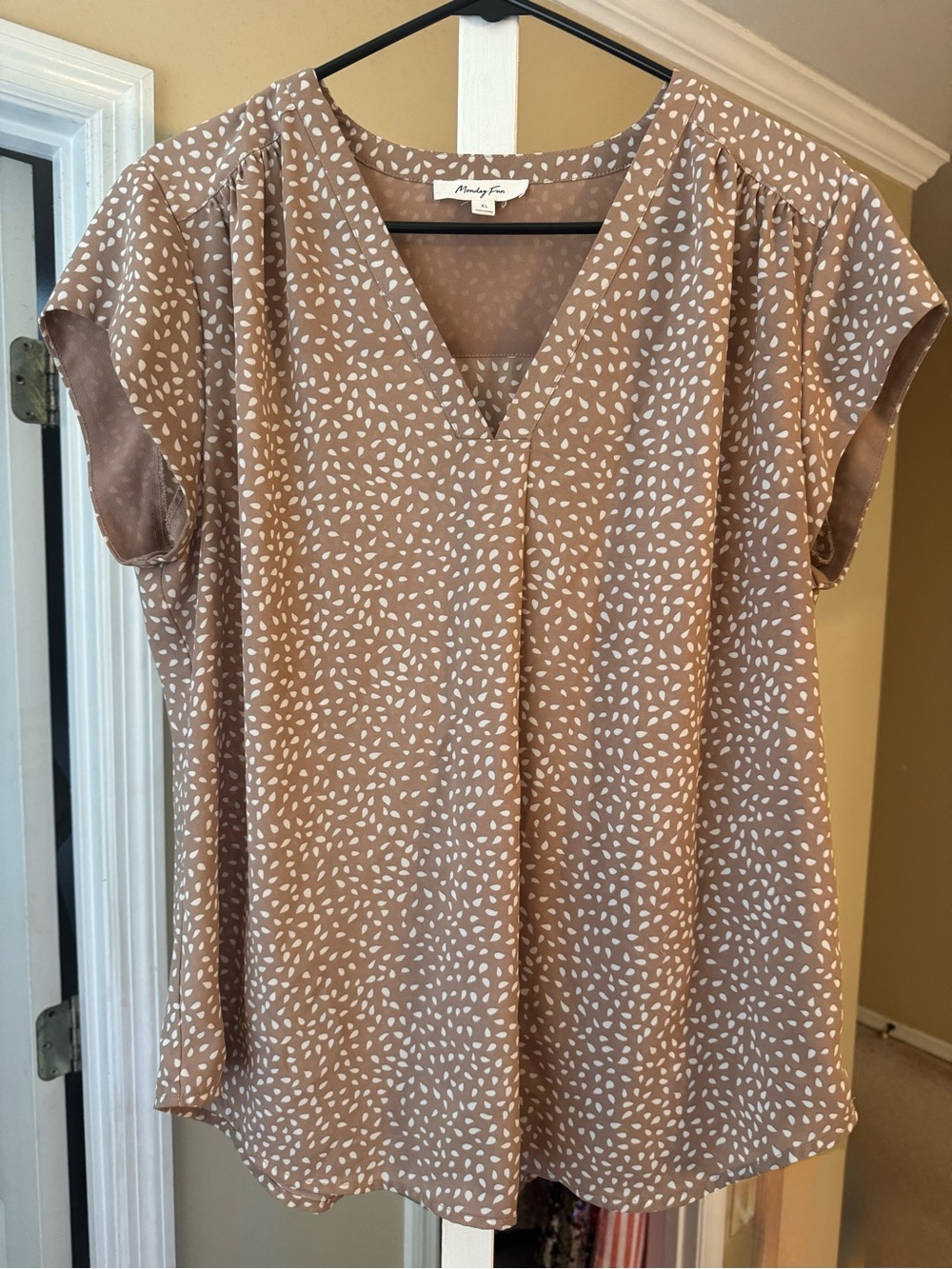 Moonlight Rose Taupe Dot V-Neck Short Sleeve Blouse